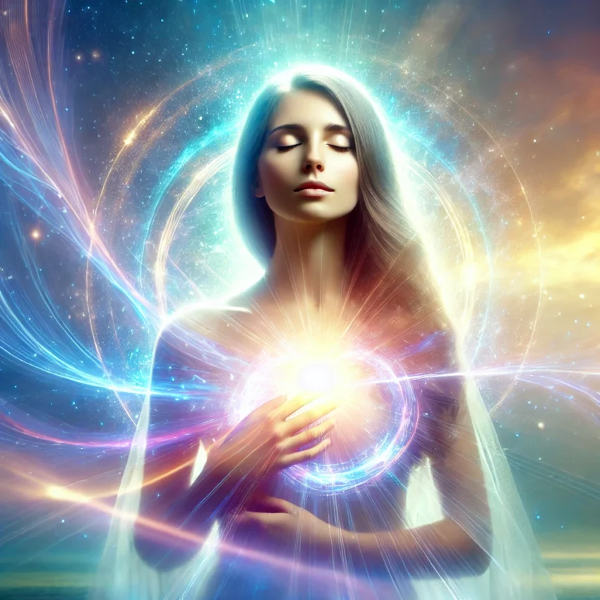 DALL·E 2024 11 07 15.44.56 A serene mystical image of a woman surrounded by a radiant aura with her spirit appearing to lift or liberate in a transcendent moment. The woman st e1767968162135